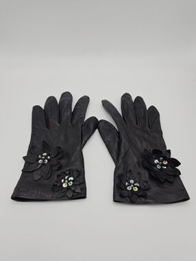 Portolano black leather gloves with beaded floral appliques size 7